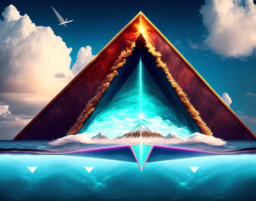 Surreal image of triangular portal with mountainous landscape, ocean waves, and dramatic sky