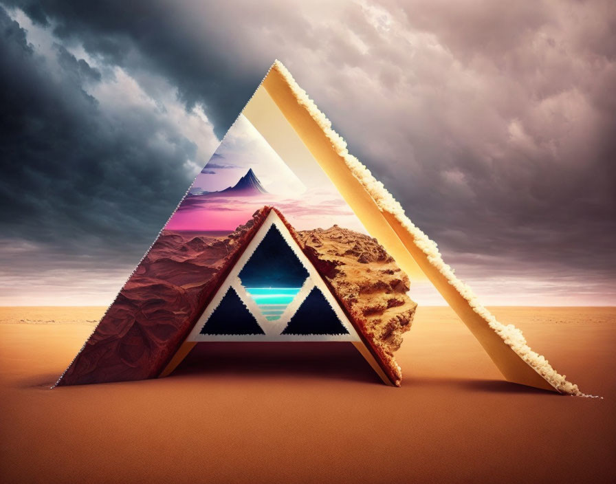 Surreal triangular portal revealing landscapes in desert setting