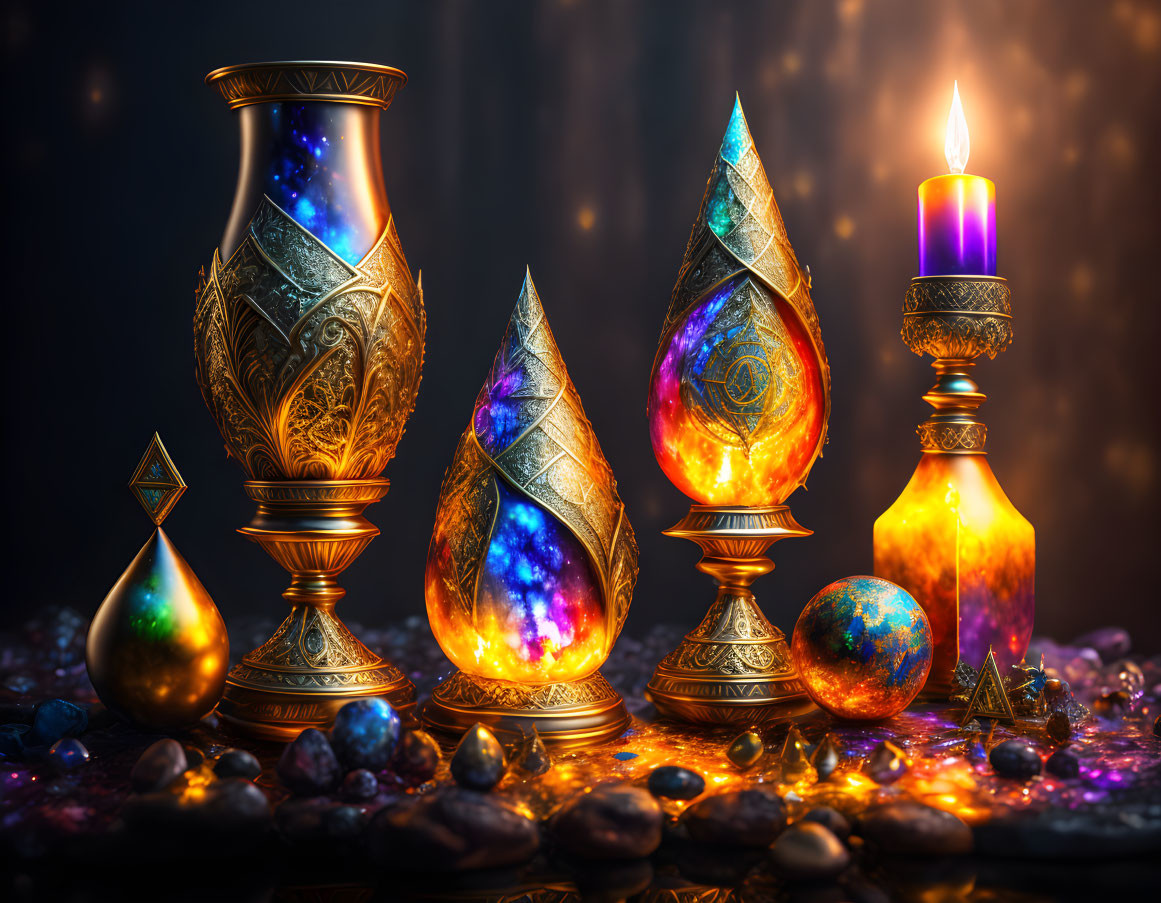 Golden vessels and cosmic candle on moody background with gemstones and warm lights