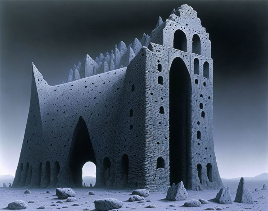Fantastical Gothic-style sandcastle with towering spires and windows in barren dusk landscape