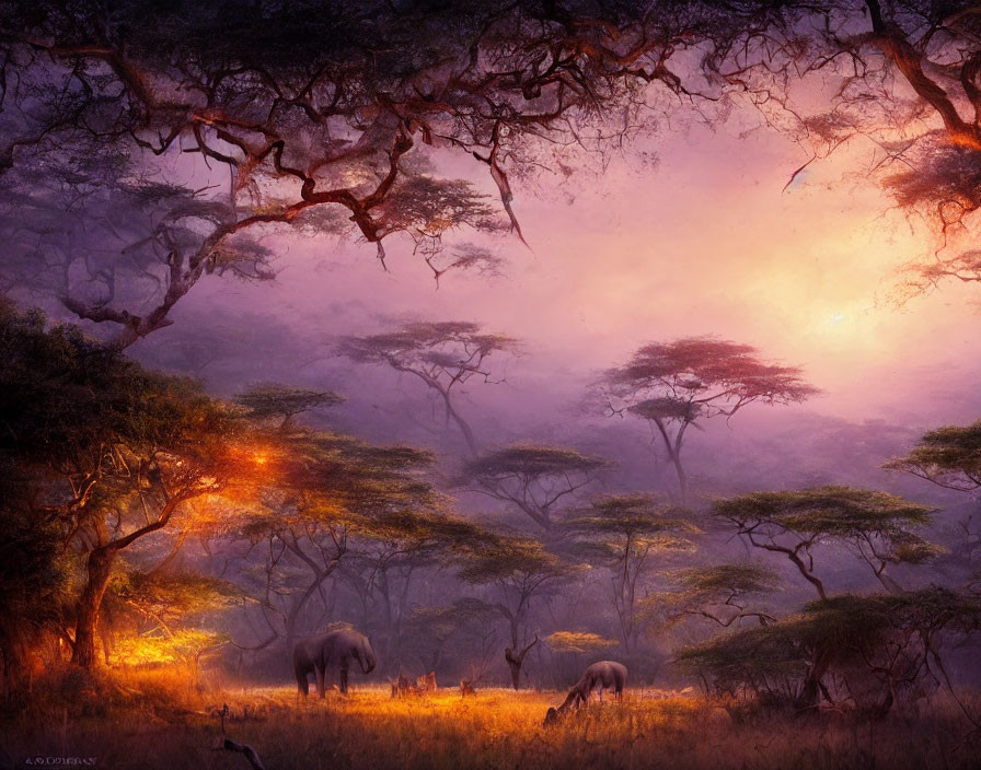 Elephants grazing under sunset canopy: Purple and orange hues landscape
