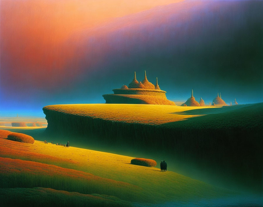 Surreal Twilight Landscape with Undulating Hills and Pointed Formations