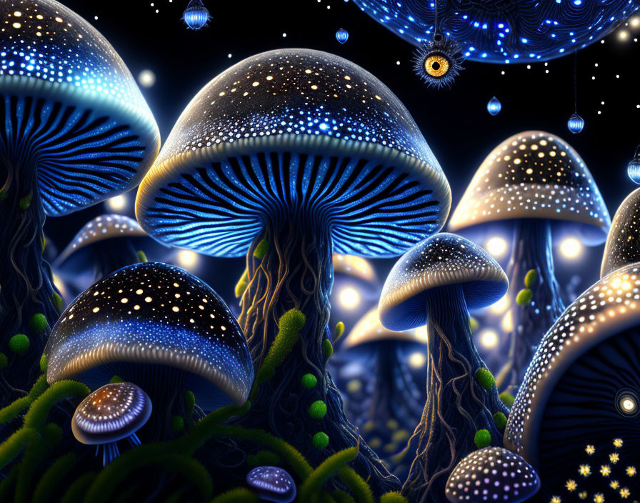 Blue Mushrooms, Jellyfish Creatures, and Eye Constellation in Mystical Forest