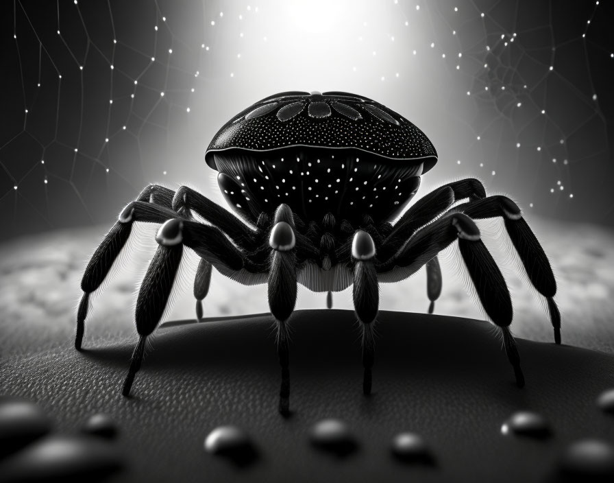 Monochrome stylized spider with glowing patterns on dark background