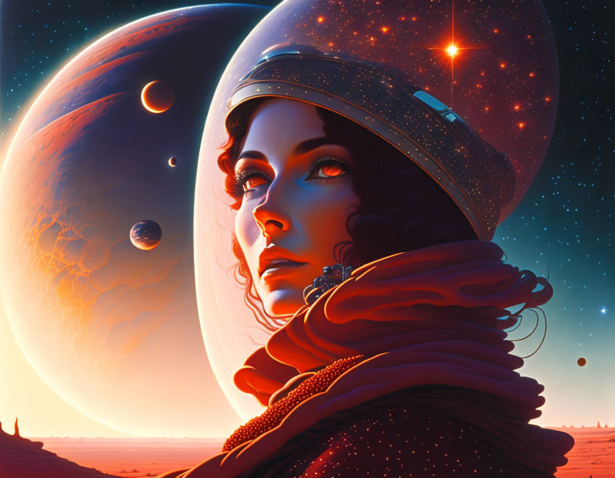 Stylized portrait of woman in space helmet with vibrant alien planets and stars