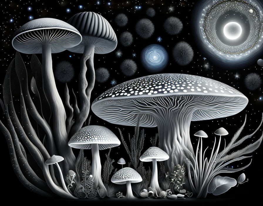 Monochrome illustration of fantastical mushrooms under a cosmic sky