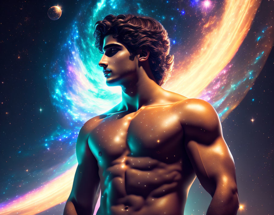 Celestial-themed sculpted male figure with vibrant cosmic colors