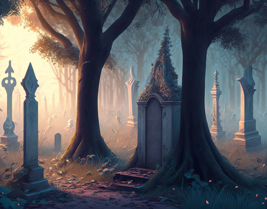 Spooky graveyard scene with tombstones and trees at twilight