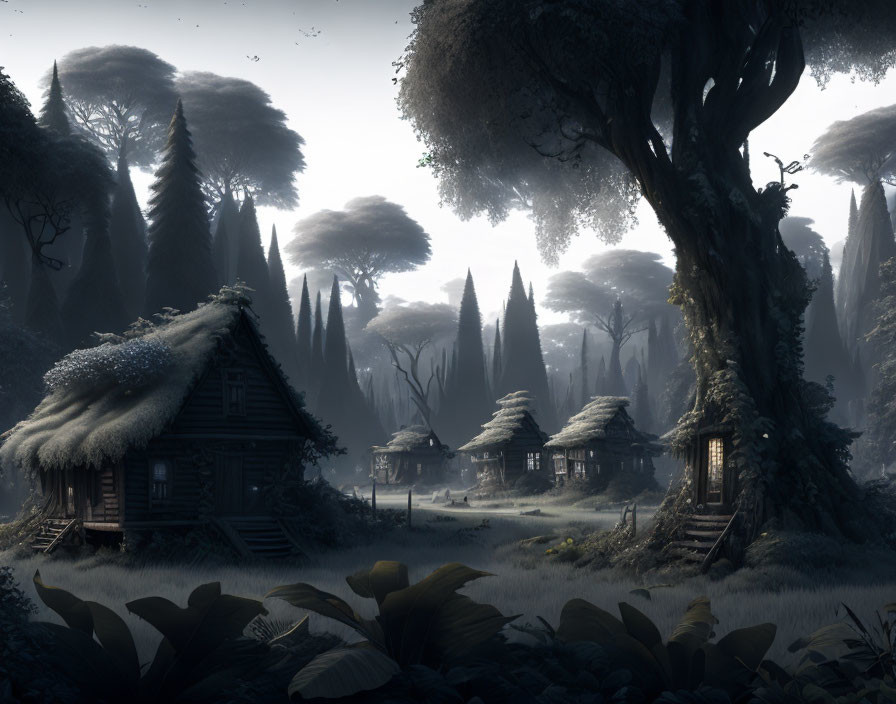 Enchanting forest scene with fog, cottages, and towering trees