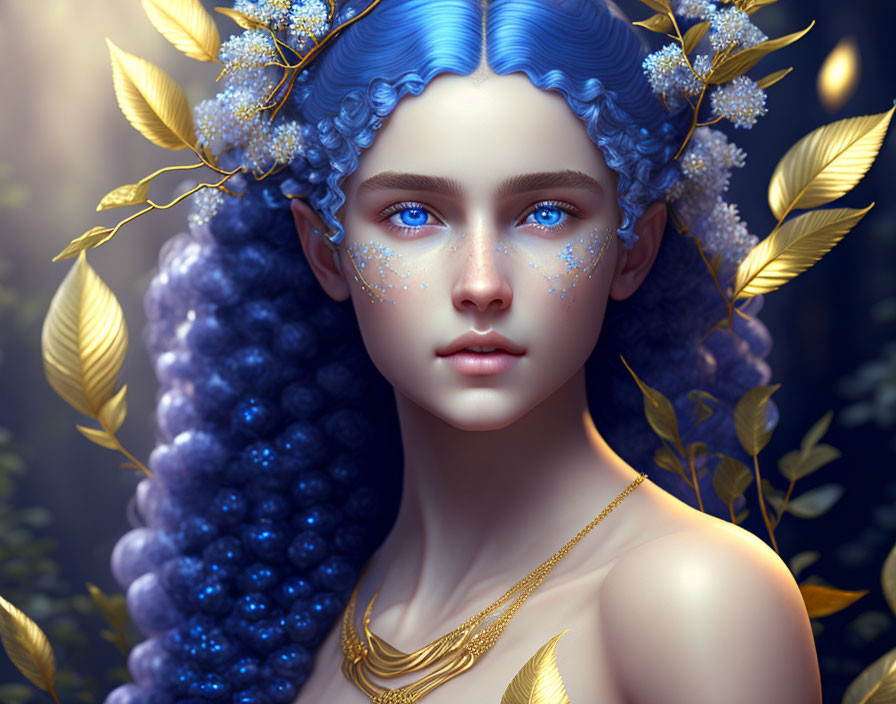 Fantasy character digital art portrait with blue hair and golden leaf accessories