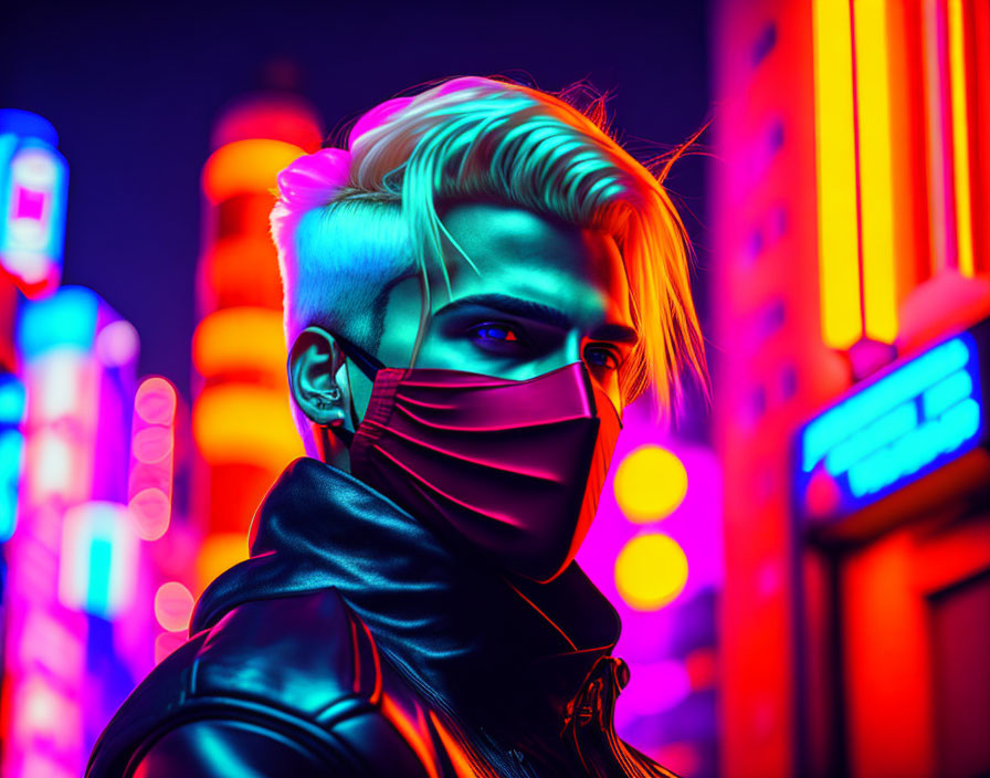 Blond person in mask against neon-lit city backdrop at night