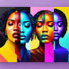 Colorful digital artwork: Four stylized woman portraits with floral accents