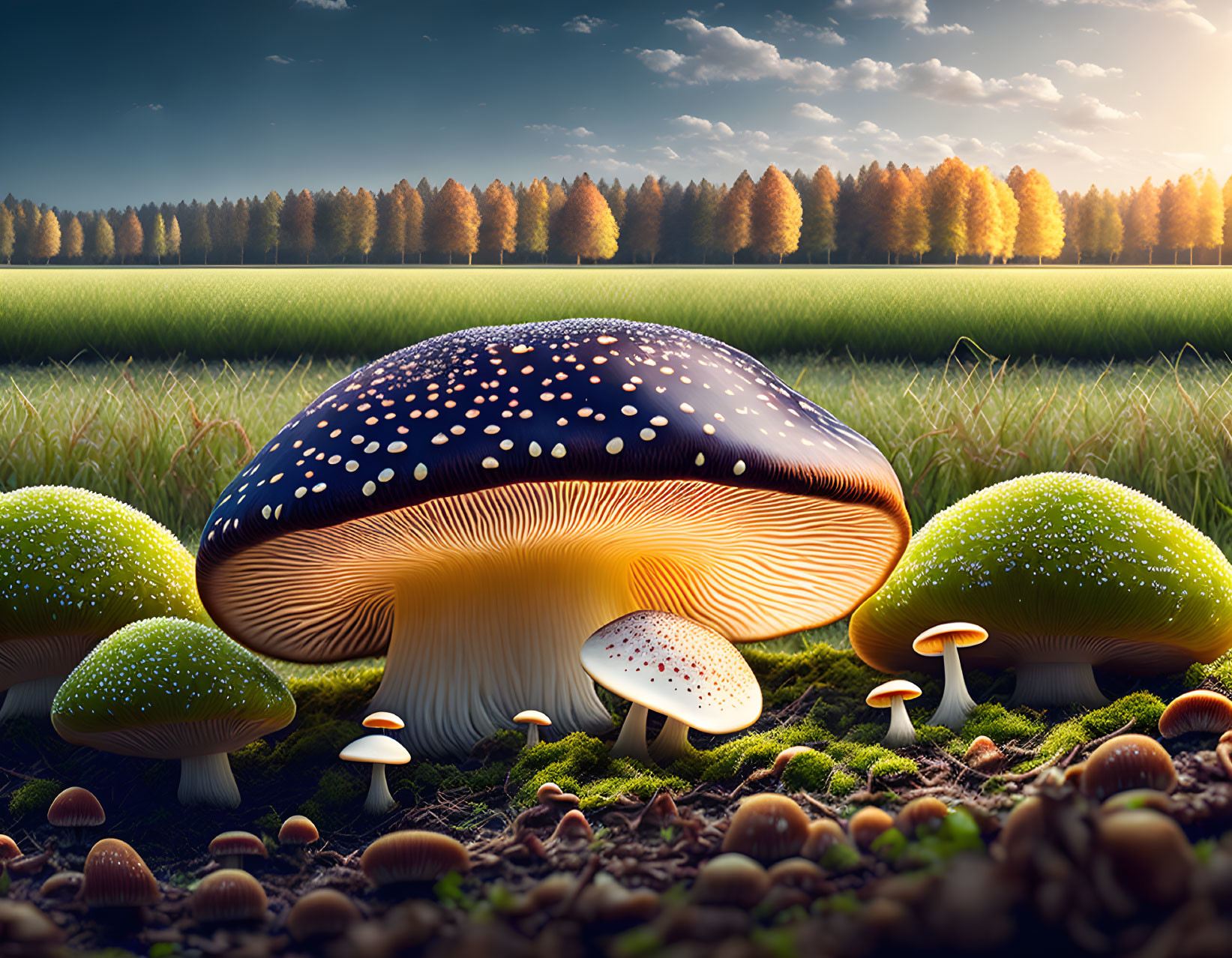 Fantastical oversized glowing mushroom scene in fairy-tale forest.