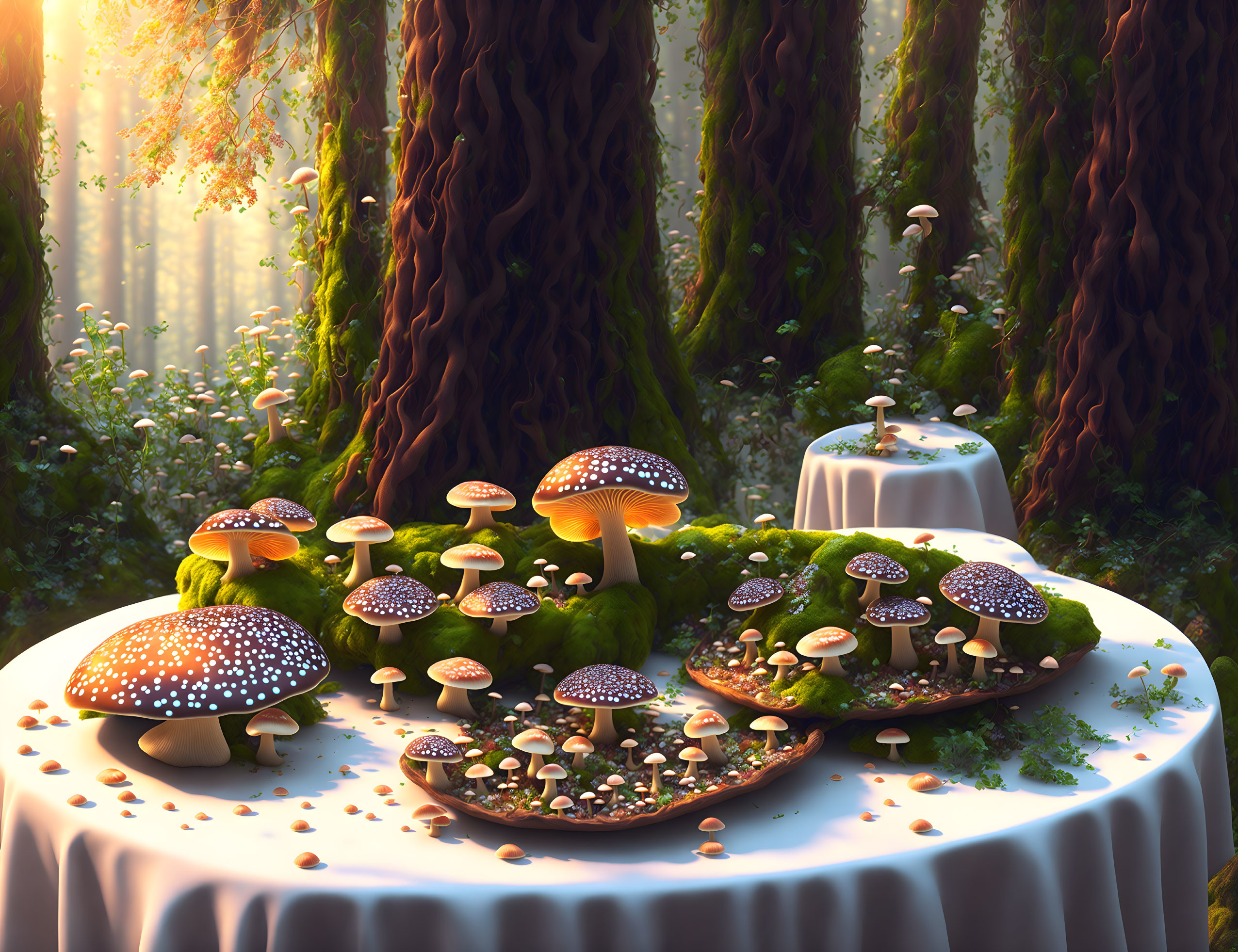 Enchanted Forest Scene with Glowing Mushrooms and Sunlit Trees