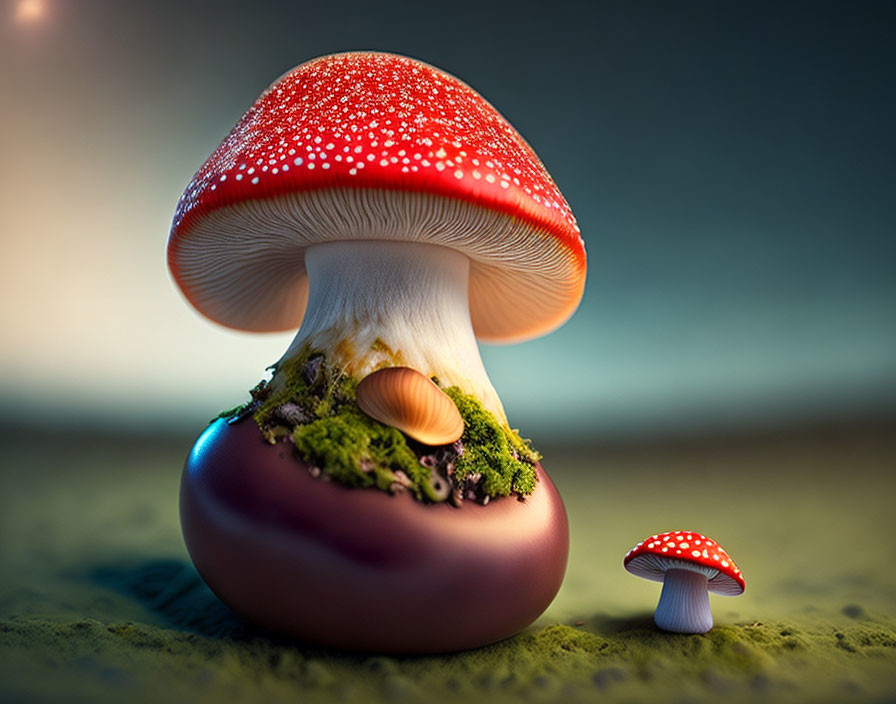 Two red-capped mushrooms with white spots in varying sizes, surrounded by lush green moss on a soft