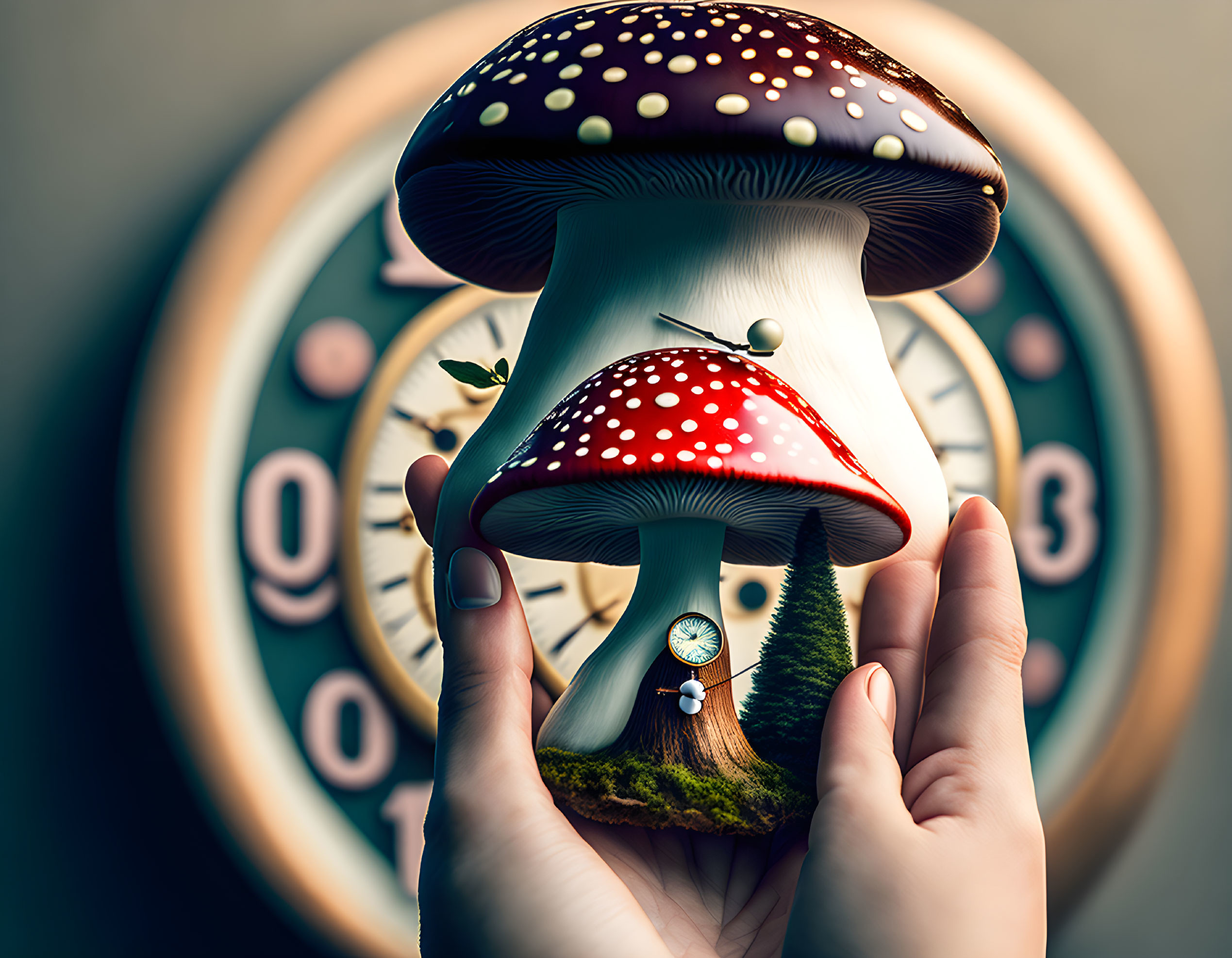 Surreal image of hands holding large mushroom with door, window, grass, and clock face