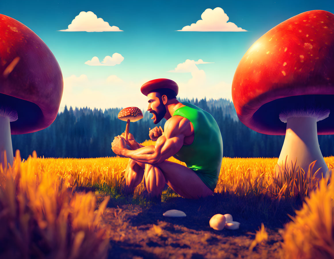 Muscular Man in Tank Top Contemplating in Fantasy Field with Oversized Mushrooms