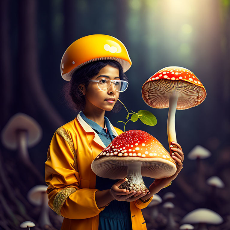 Person in Yellow Jacket with Mushroom Helmet Holding Stylized Red and White Mushroom in Forest