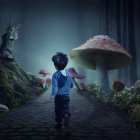 Child in Mystical Forest with Luminescent Mushrooms and Entwined Trees