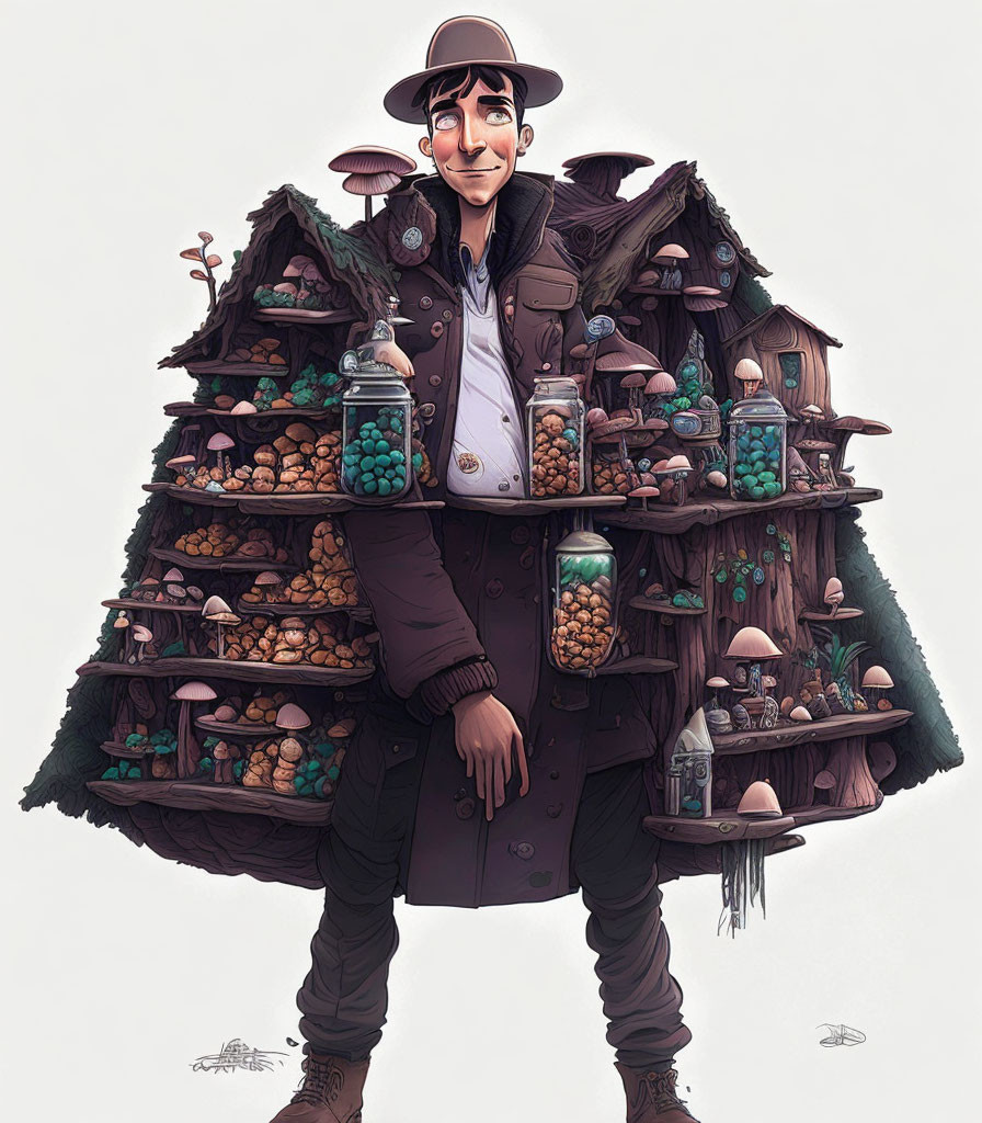 Whimsical male character with mushrooms and potion bottles.