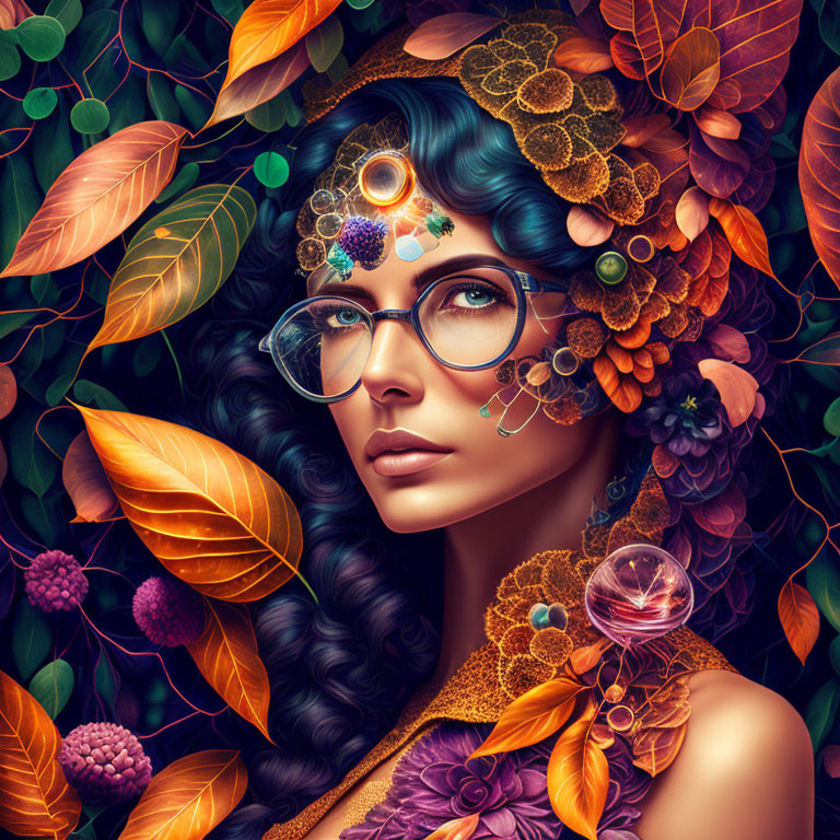 Curly-haired woman with autumnal adornments and round glasses