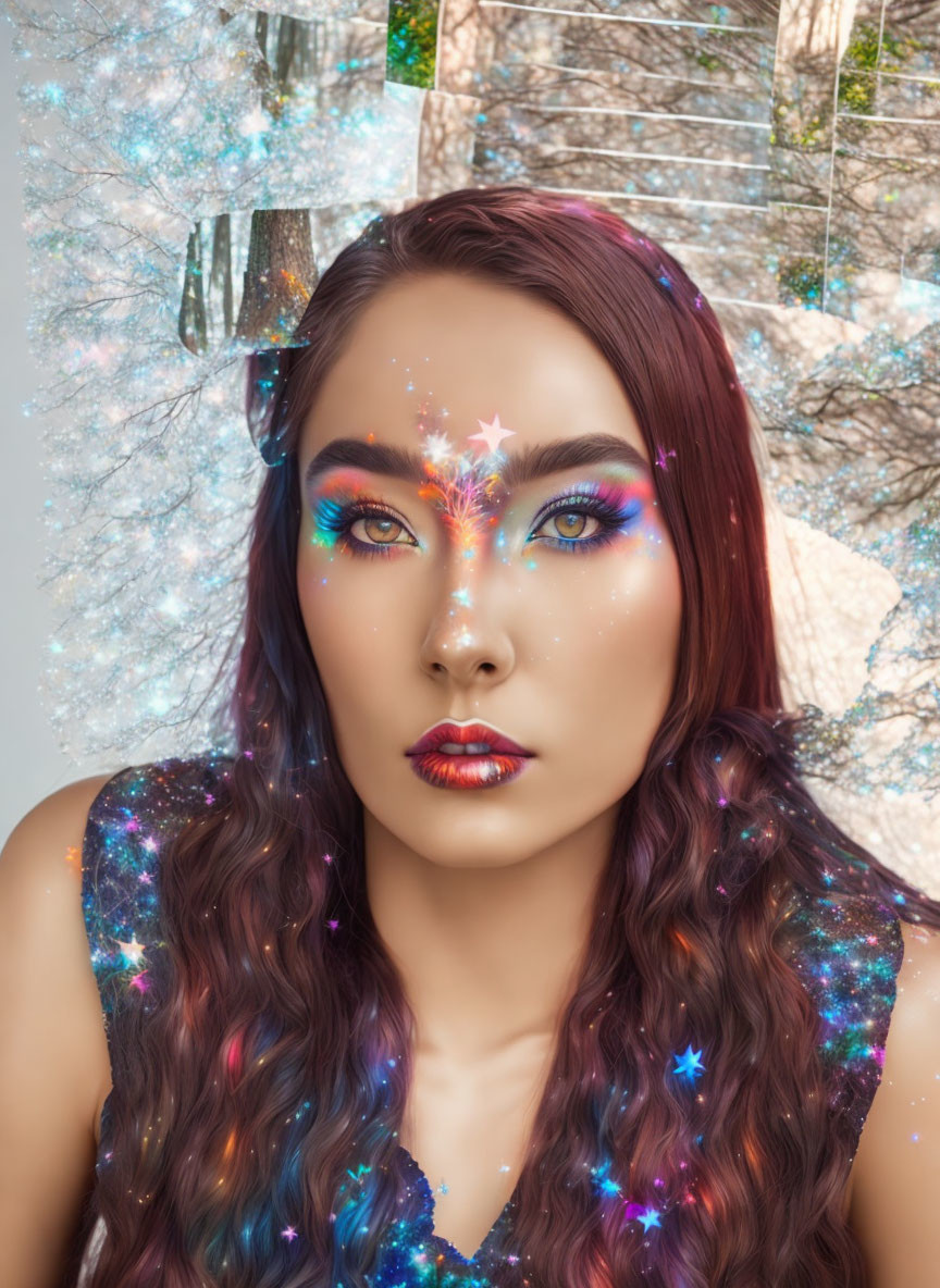 Cosmic-themed makeup portrait with vibrant colors