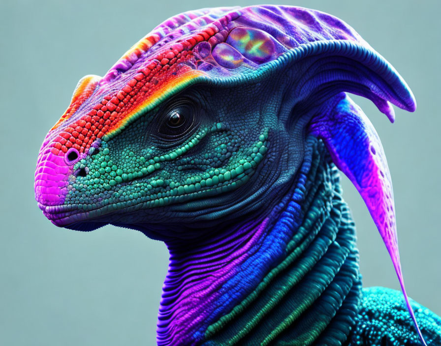 Iridescent dinosaur with blue, purple, and red scales and purple liquid dripping