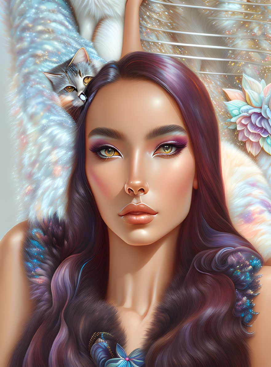 Purple-haired woman with cat and butterfly wings in digital illustration
