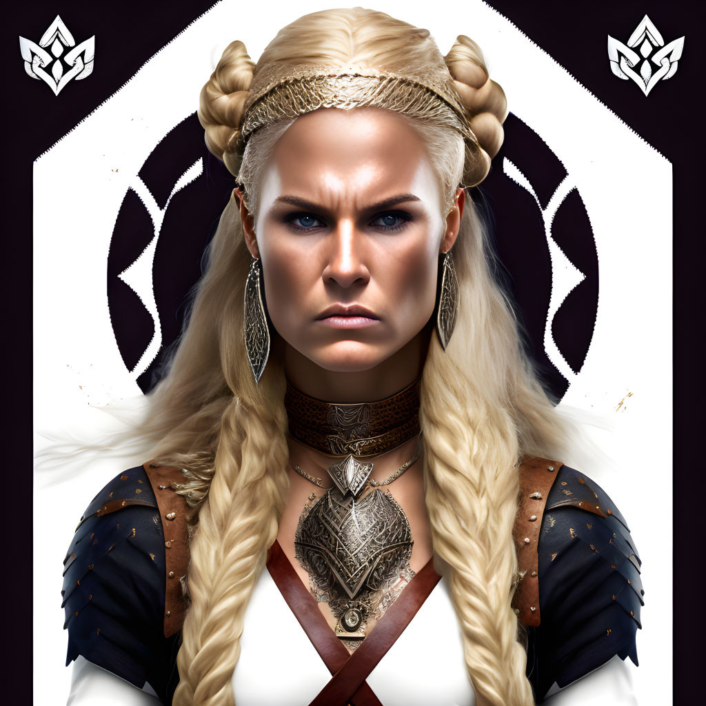 Warrior woman with braided hair in Viking armor and headpiece