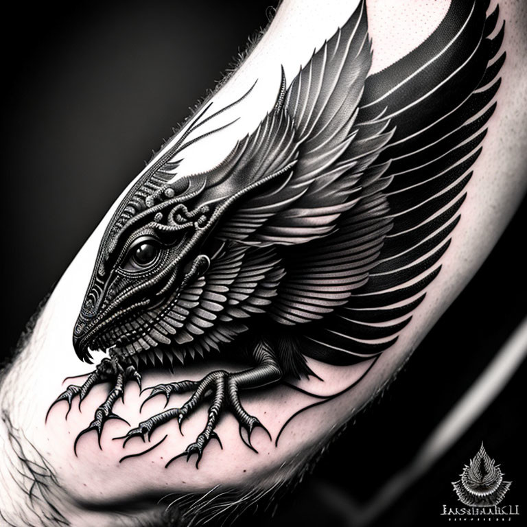 Detailed black and grey mythical winged creature tattoo on arm.