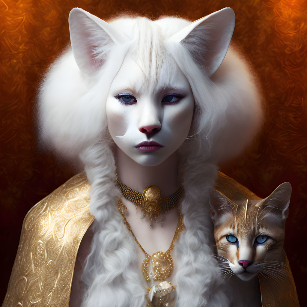 Surreal portrait featuring person with white cat features and blue eyes, beside real cat with matching eyes