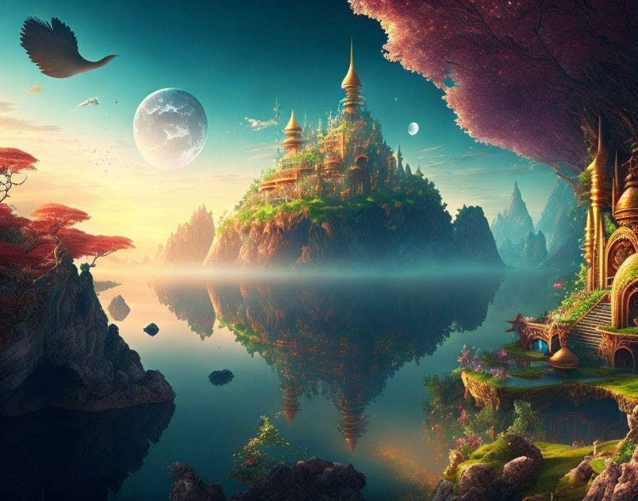 Majestic temple on floating island in serene fantasy landscape