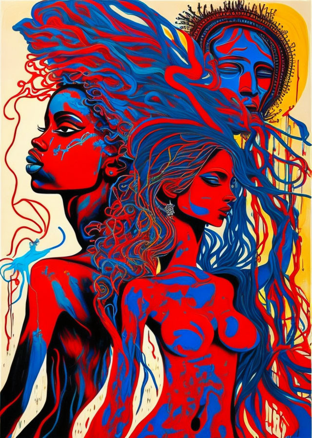 Colorful artwork of two female figures with blue hair on red and yellow background.
