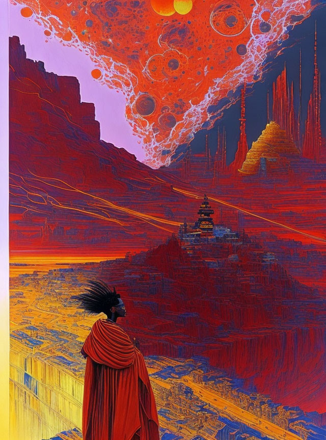 Figure in Red Cloak in Surreal Landscape with Rock Formations and Multiple Moons