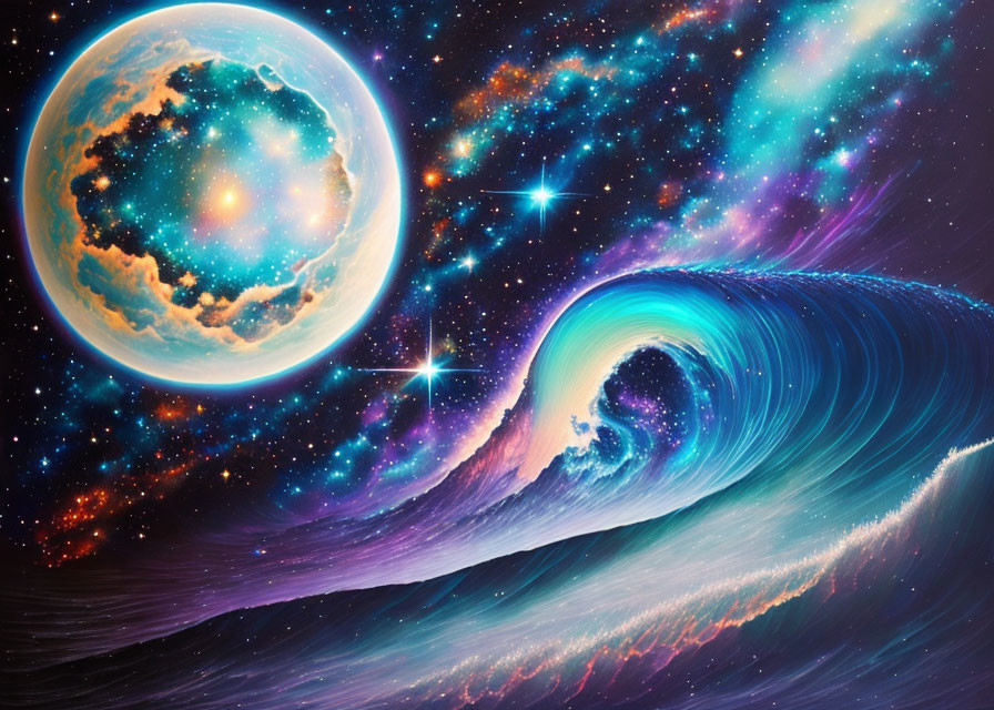 Glowing planet in cosmic artwork with swirling galaxy wave