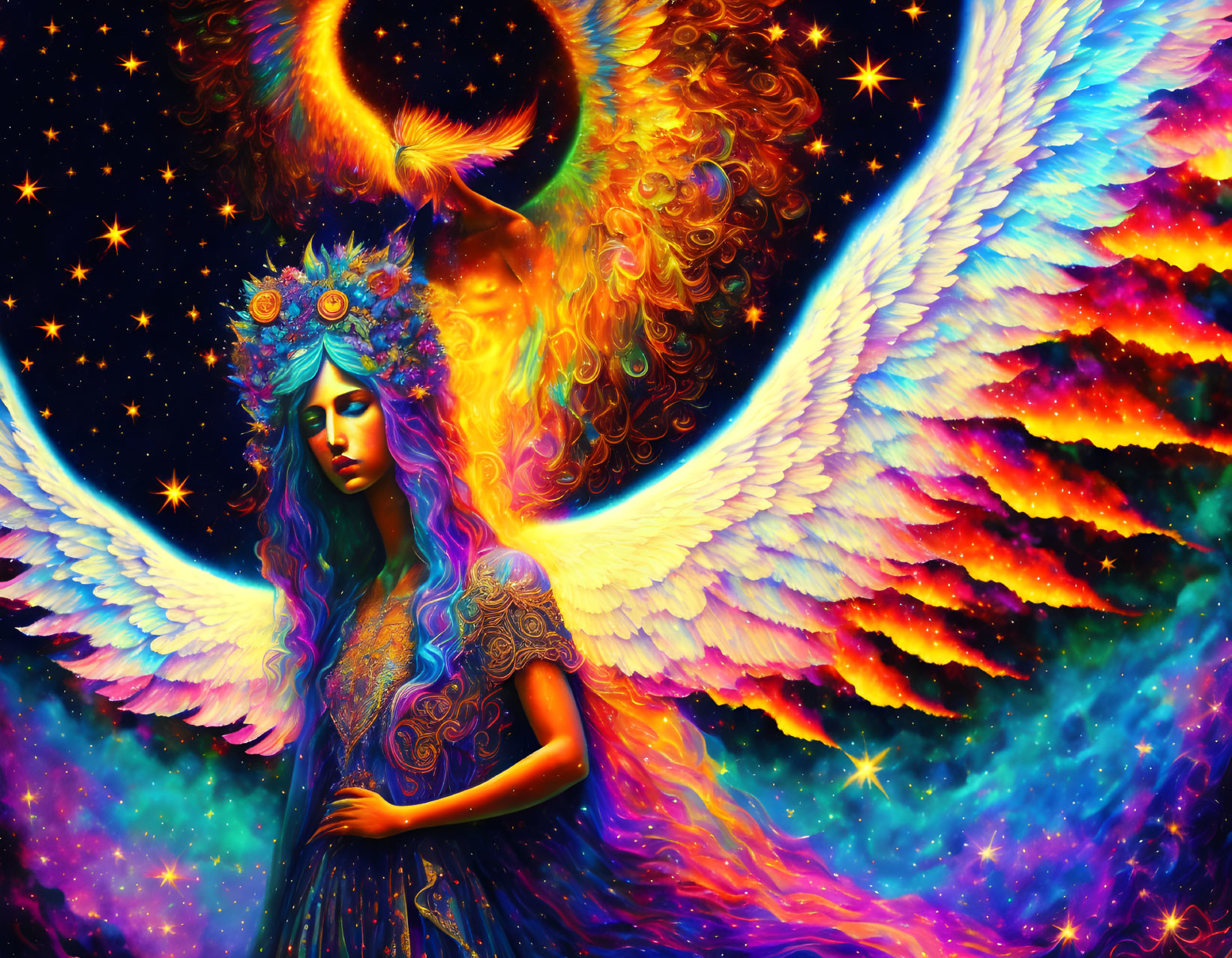 Ethereal winged woman with blue hair in cosmic scene