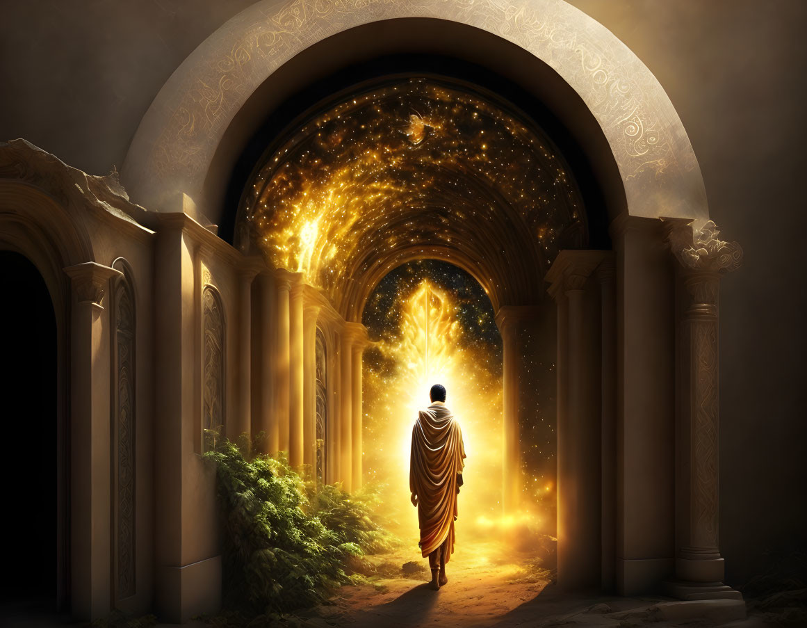 Cloaked figure approaching star-filled portal in archway with columns and greenery