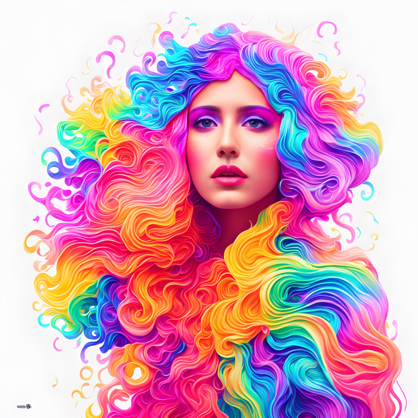 Colorful digital portrait: Woman with rainbow hair and curls