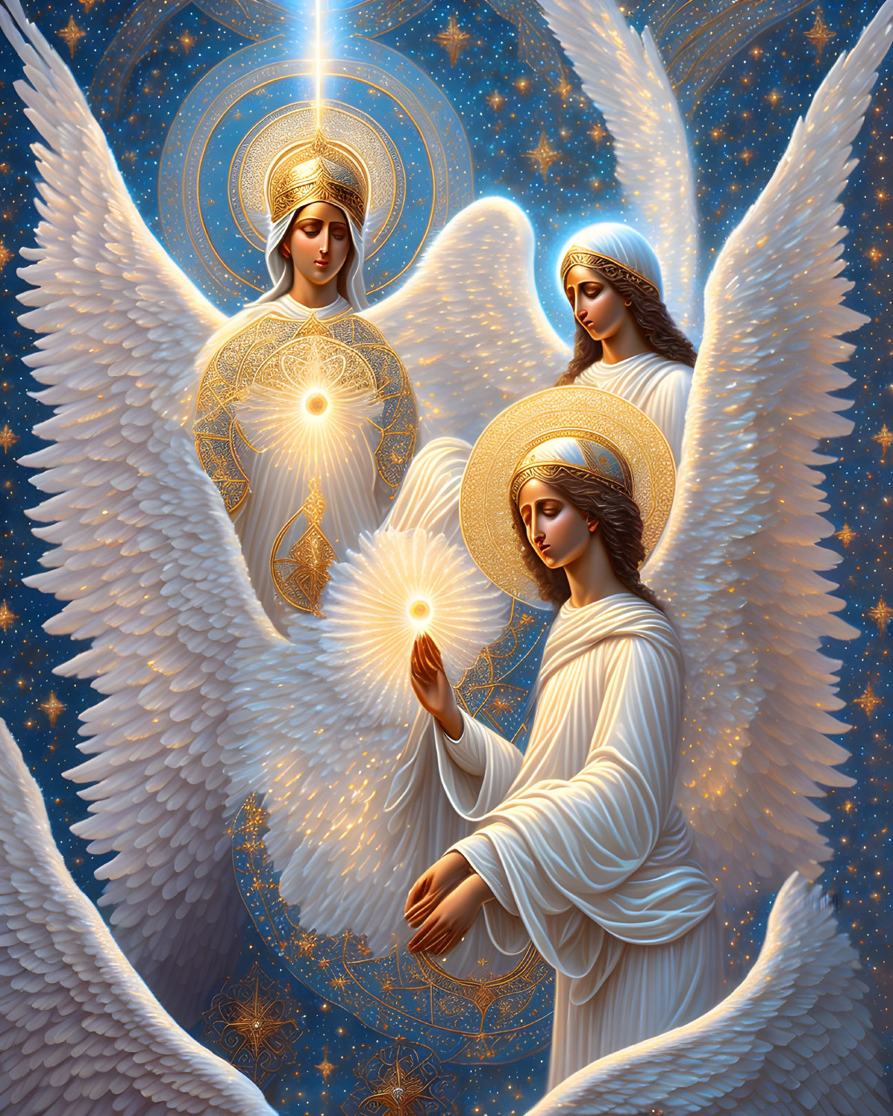 Three Angels with Golden Halos and White Wings in Celestial Setting