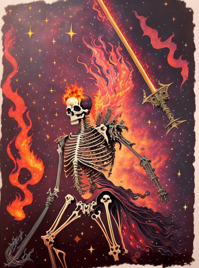 Colorful Skeleton with Flaming Head, Cape, and Cosmic Sword surrounded by Stars