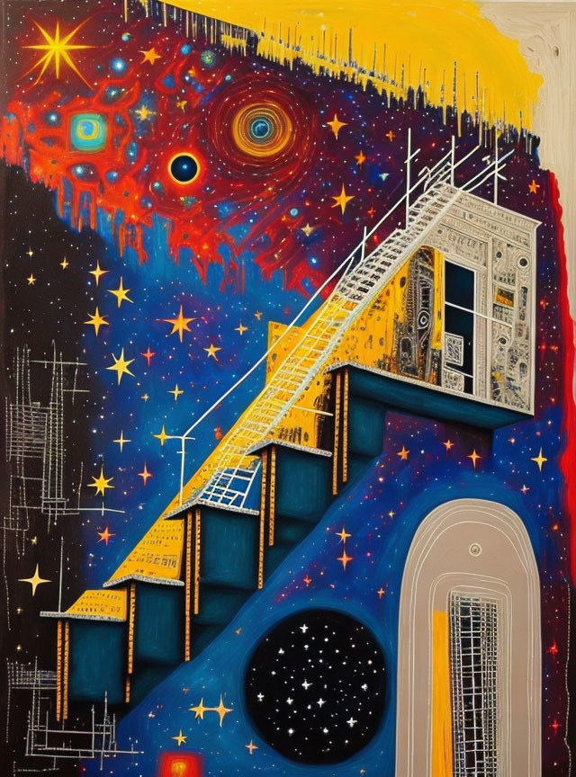 Surreal cosmic landscape with staircase, door, galaxies, stars, celestial motifs