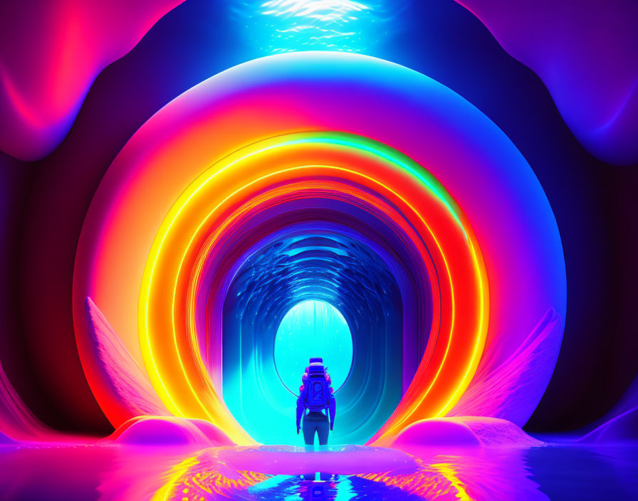 Person with backpack at entrance of vibrant neon-lit tunnel