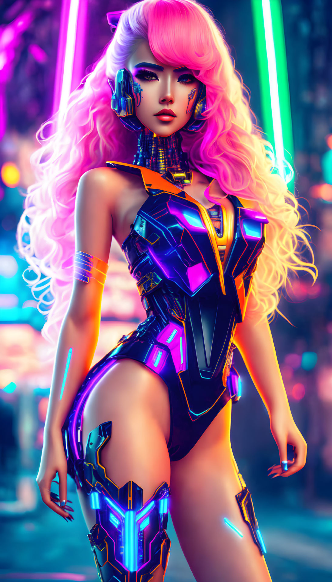 Futuristic woman with pink hair in glowing cybernetic armor in neon-lit urban scene