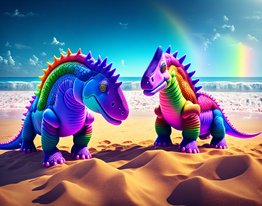 Colorful Cartoon Dinosaurs on Beach with Rainbow Background