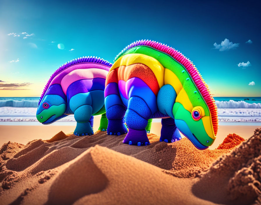 Colorful Toy Dinosaurs on Sandy Beach with Blue Skies