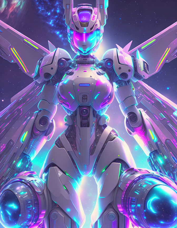 Futuristic robot with neon highlights in cosmic setting