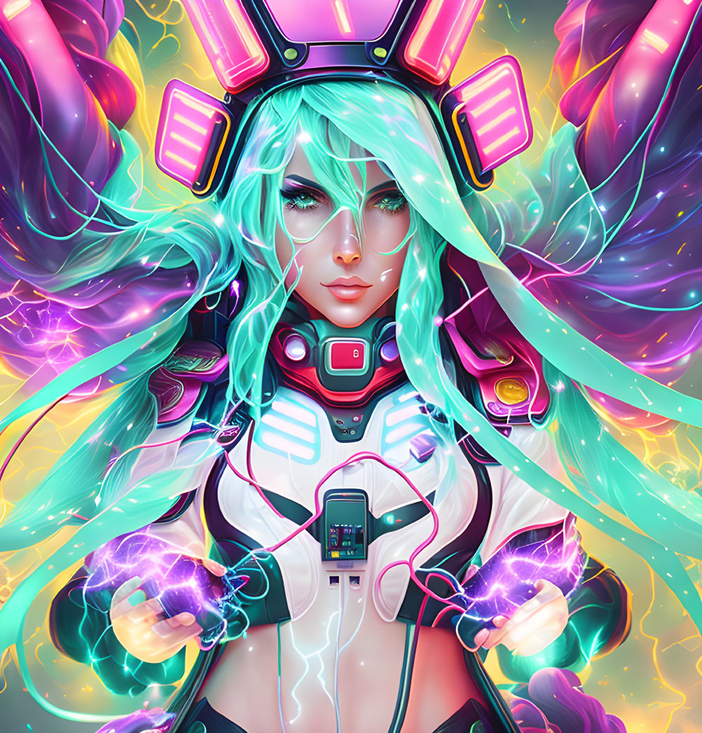 Digital Art: Female Character with Turquoise Hair and Futuristic Armor