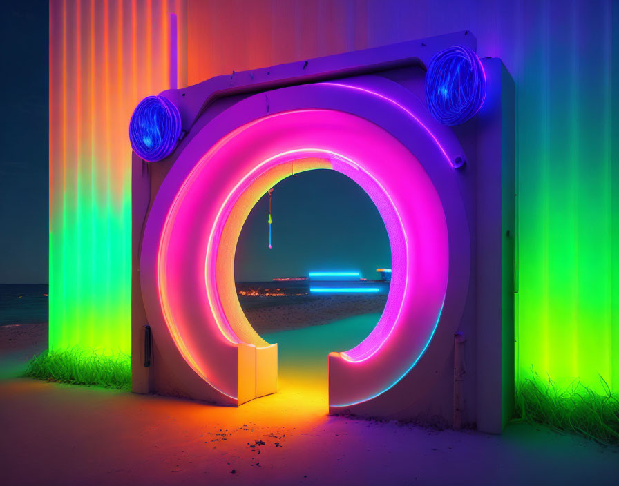 Vibrant Circular Neon-Lit Tunnel Installation on Beach at Twilight