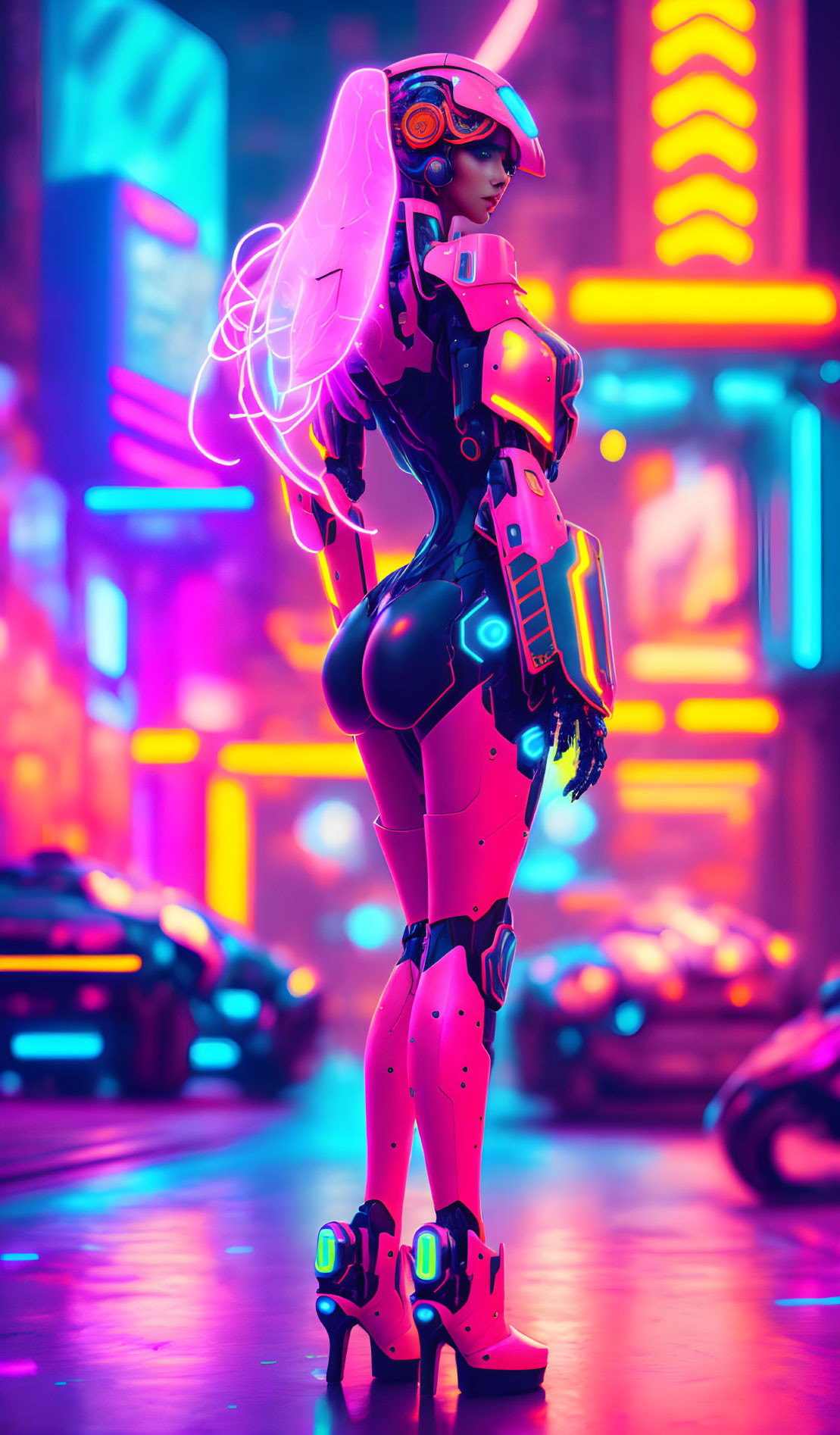 Futuristic Female Robot in Neon Cyberpunk City at Night