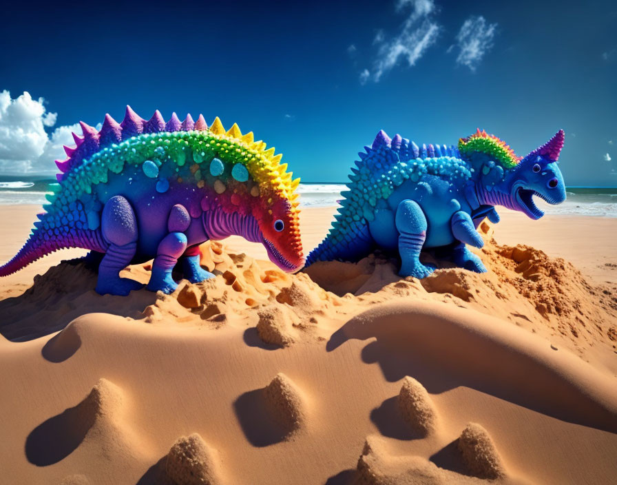 Vibrant toy dinosaurs on sandy beach under clear blue skies